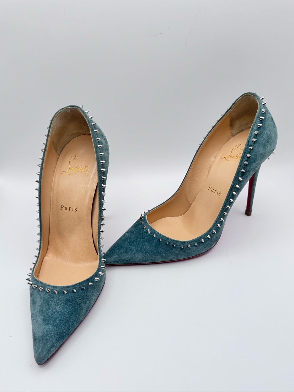 Christian Louboutin Anjalina 100 Teal Blue Suede Spiked Pumps Heels size 37